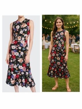 Erdem Black Midi Dress Silk Dark Floral Sleeveless 4 Wedding Guest Garden NWT 🟡
